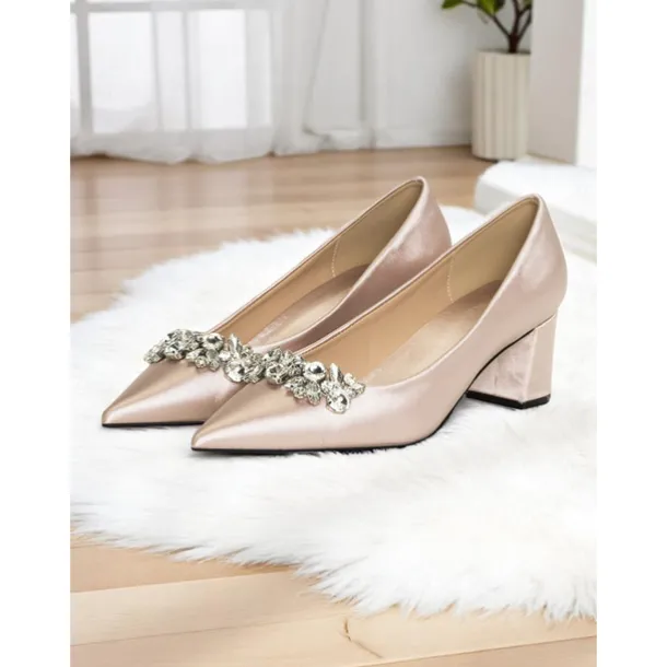 Women's Champagne Satin Pointed Toe Wedding Pumps with Chunky Mid Heels and Crystal Embellishment - Elegant Bridal Dress Shoes for Bride Ceremony Reception and Bridesmaids