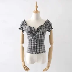 Women's Checkered Bavarian Oktoberfest Blouse Shirt for Lederhosen Dirndl Traditional Costume Beer Carnival