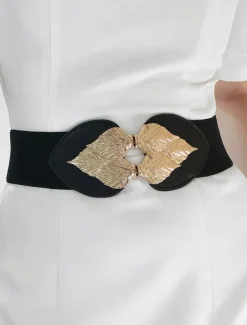 Women's Chic Black Elastic Waist Belt with Gold Leaf Buckle – Stylish Accessory for Dresses and Formal Outfits
