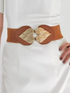 Women's Chic Black Elastic Waist Belt with Gold Leaf Buckle – Stylish Accessory for Dresses and Formal Outfits