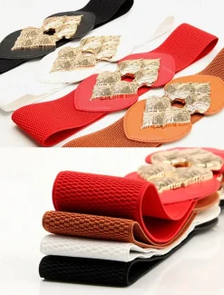 Women's Chic Black Elastic Waist Belt with Gold Leaf Buckle – Stylish Accessory for Dresses and Formal Outfits