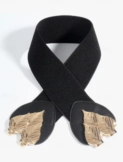 Women's Chic Black Elastic Waist Belt with Gold Leaf Buckle – Stylish Accessory for Dresses and Formal Outfits