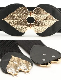 Women's Chic Black Elastic Waist Belt with Gold Leaf Buckle – Stylish Accessory for Dresses and Formal Outfits