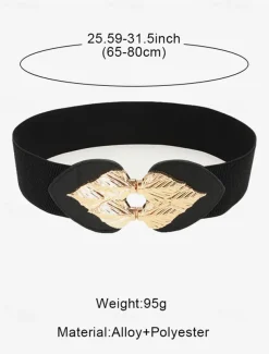 Women's Chic Black Elastic Waist Belt with Gold Leaf Buckle – Stylish Accessory for Dresses and Formal Outfits