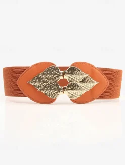 Women's Chic Black Elastic Waist Belt with Gold Leaf Buckle – Stylish Accessory for Dresses and Formal Outfits