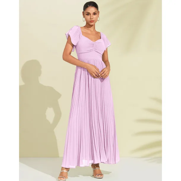 Women's Chiffon Wedding Guest Maxi Dress Elegant Blue Sweetheart Pleated V-Neck Short Sleeve A-Line Formal Evening Dress