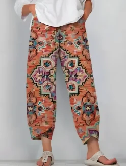 Women's Chinos Baggy Pants Beach Shorts Vacation Vintage Ethnic Style Ankle-Length High Waist Graphic Patchwork Drawstring Printing Thermal Warm Soft Breathable Micro-elastic Formal Vacation Street
