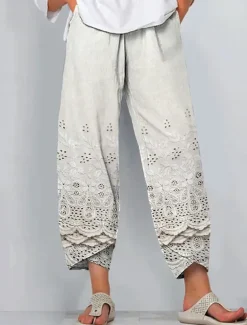 Women's Chinos Baggy Pants Vacation Vintage Ethnic Style Ankle-Length High Waist Floral Graphic 3D Patchwork Embroidered Pocket Breathable Micro-elastic Vacation Street Causal rice white White Khaki