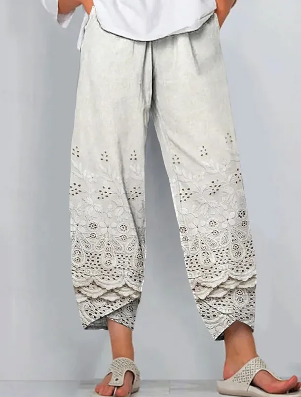 Women's Chinos Baggy Pants Vacation Vintage Ethnic Style Ankle-Length High Waist Floral Graphic 3D Patchwork Embroidered Pocket Breathable Micro-elastic Vacation Street Causal rice white White Khaki