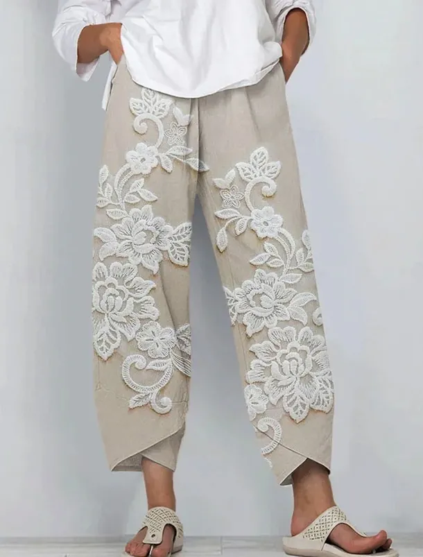 Women's Chinos Baggy Pants Vacation Vintage Ethnic Style Ankle-Length High Waist Floral Graphic 3D Patchwork Embroidered Pocket Breathable Micro-elastic Vacation Street Causal rice white White Khaki