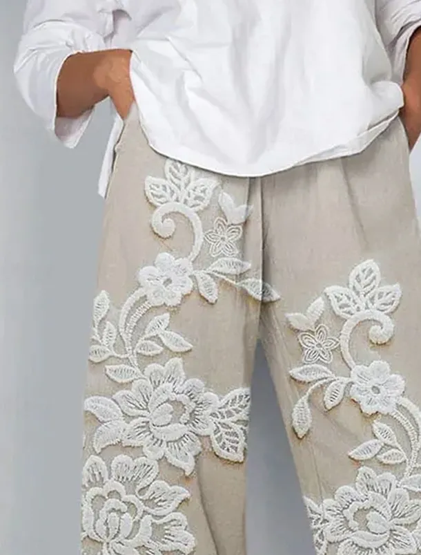 Women's Chinos Baggy Pants Vacation Vintage Ethnic Style Ankle-Length High Waist Floral Graphic 3D Patchwork Embroidered Pocket Breathable Micro-elastic Vacation Street Causal rice white White Khaki