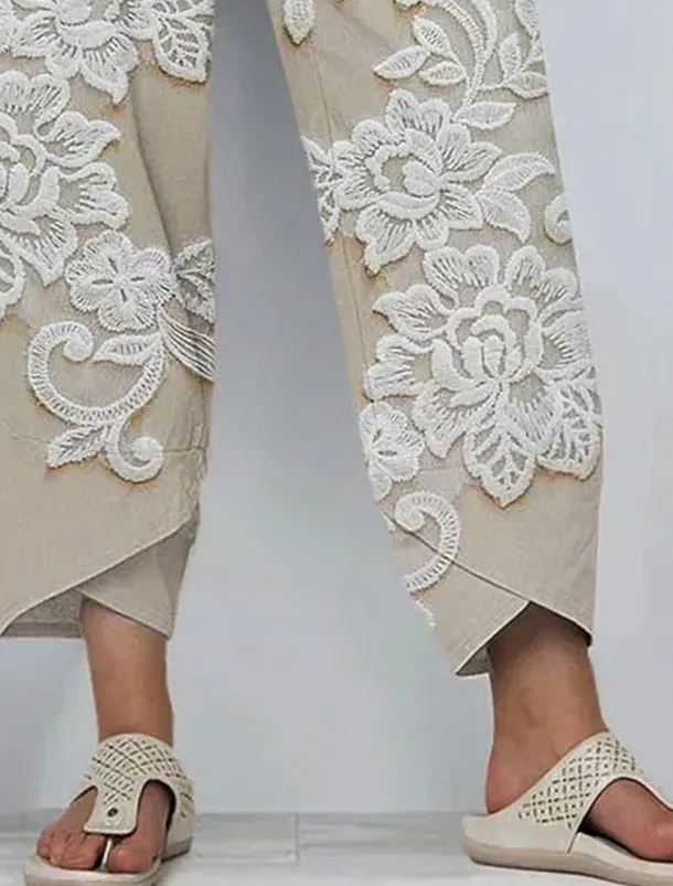 Women's Chinos Baggy Pants Vacation Vintage Ethnic Style Ankle-Length High Waist Floral Graphic 3D Patchwork Embroidered Pocket Breathable Micro-elastic Vacation Street Causal rice white White Khaki