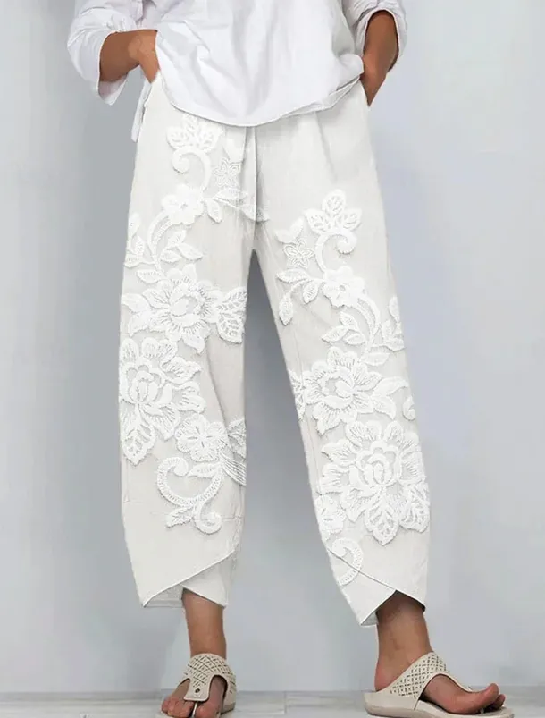 Women's Chinos Baggy Pants Vacation Vintage Ethnic Style Ankle-Length High Waist Floral Graphic 3D Patchwork Embroidered Pocket Breathable Micro-elastic Vacation Street Causal rice white White Khaki