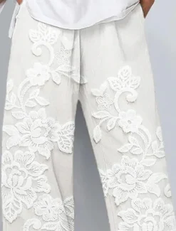 Women's Chinos Baggy Pants Vacation Vintage Ethnic Style Ankle-Length High Waist Floral Graphic 3D Patchwork Embroidered Pocket Breathable Micro-elastic Vacation Street Causal rice white White Khaki