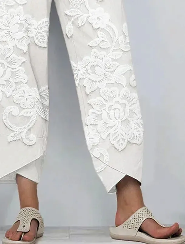 Women's Chinos Baggy Pants Vacation Vintage Ethnic Style Ankle-Length High Waist Floral Graphic 3D Patchwork Embroidered Pocket Breathable Micro-elastic Vacation Street Causal rice white White Khaki