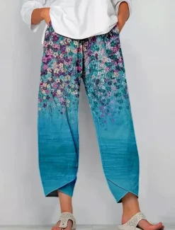 Women's Chinos Baggy Pants Vacation Vintage Ethnic Style Ankle-Length High Waist Floral Graphic Gradient Patchwork Drawstring Printing Breathable Micro-elastic Vacation Street Causal Lake blue Light
