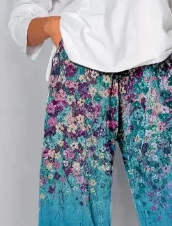 Women's Chinos Baggy Pants Vacation Vintage Ethnic Style Ankle-Length High Waist Floral Graphic Gradient Patchwork Drawstring Printing Breathable Micro-elastic Vacation Street Causal Lake blue Light