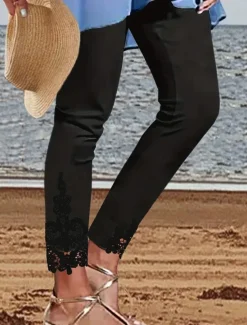 Women's Chinos Leggings Fashion Streetwear Basic Full Length High Waist Plain Lace Comfy Soft Comfortable Stretchy Outdoor Vacation Street Black White Summer Spring Slim Fit