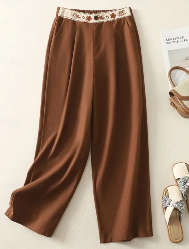 Women's Chinos Pants Trousers Vacation Vintage Fashion Full Length High Waist Floral Drawstring Embroidered Pocket Comfort Outdoor Stretchy Vacation Street Daily White Yellow Navy Blue Coffee Summer