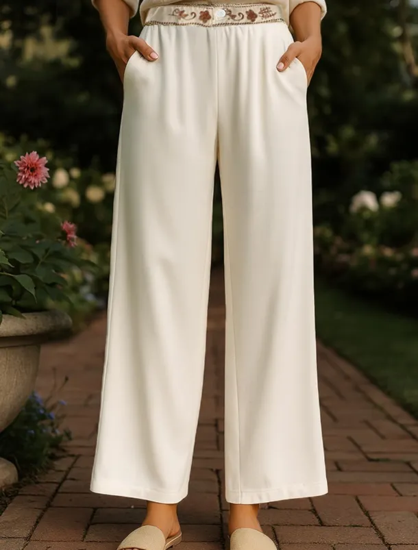 Women's Chinos Pants Trousers Vacation Vintage Fashion Full Length High Waist Floral Drawstring Embroidered Pocket Comfort Outdoor Stretchy Vacation Street Daily White Yellow Navy Blue Coffee Summer