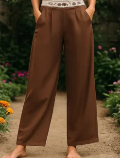 Women's Chinos Pants Trousers Vacation Vintage Fashion Full Length High Waist Floral Drawstring Embroidered Pocket Comfort Outdoor Stretchy Vacation Street Daily White Yellow Navy Blue Coffee Summer