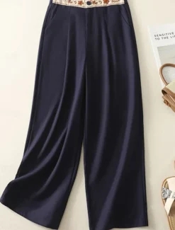 Women's Chinos Pants Trousers Vacation Vintage Fashion Full Length High Waist Floral Drawstring Embroidered Pocket Comfort Outdoor Stretchy Vacation Street Daily White Yellow Navy Blue Coffee Summer