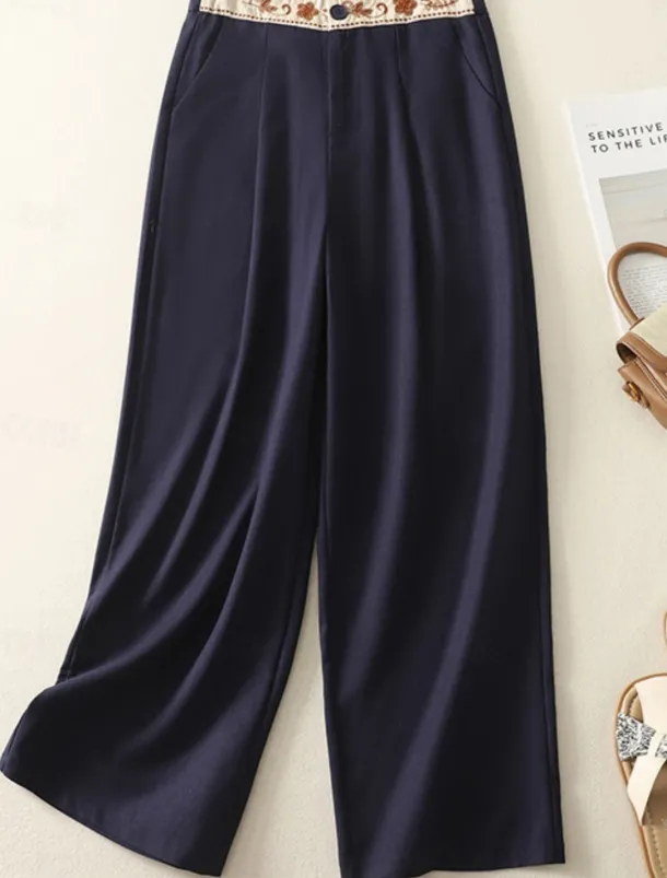 Women's Chinos Pants Trousers Vacation Vintage Fashion Full Length High Waist Floral Drawstring Embroidered Pocket Comfort Outdoor Stretchy Vacation Street Daily White Yellow Navy Blue Coffee Summer