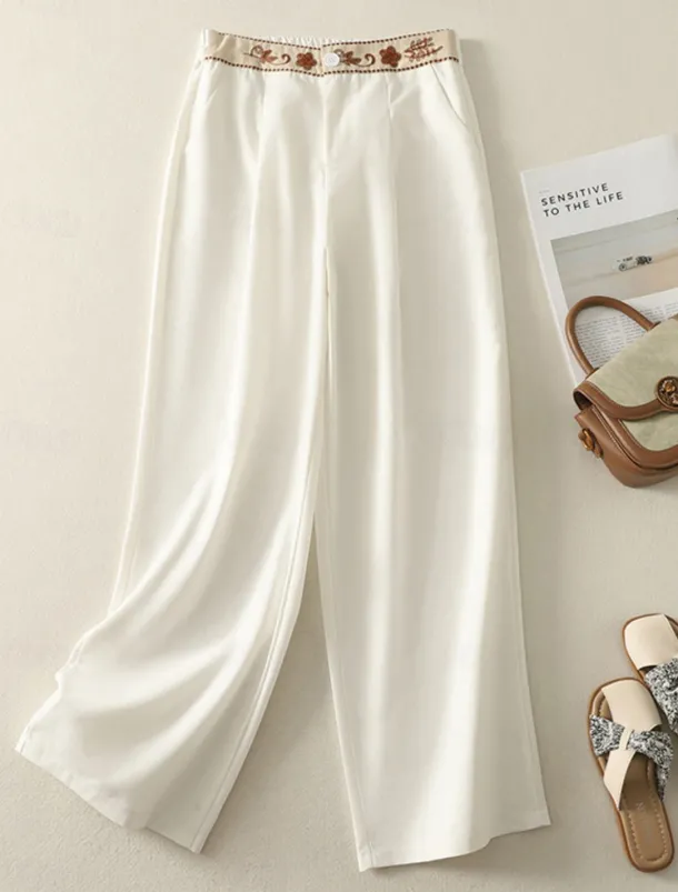 Women's Chinos Pants Trousers Vacation Vintage Fashion Full Length High Waist Floral Drawstring Embroidered Pocket Comfort Outdoor Stretchy Vacation Street Daily White Yellow Navy Blue Coffee Summer