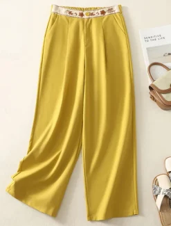 Women's Chinos Pants Trousers Vacation Vintage Fashion Full Length High Waist Floral Drawstring Embroidered Pocket Comfort Outdoor Stretchy Vacation Street Daily White Yellow Navy Blue Coffee Summer