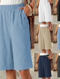 Women's Chinos Shorts Fashion Streetwear Basic Knee Length High Waist Plain Pocket Elastic Waistband Comfy Soft Comfortable Micro-elastic Outdoor Street Dark-Gray Navy Black White Summer Spring Loose