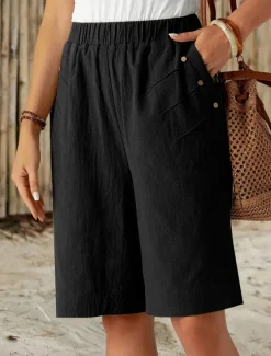 Women's Chinos Shorts Fashion Streetwear Basic Knee Length High Waist Plain Pocket Elastic Waistband Comfy Soft Comfortable Micro-elastic Outdoor Street Dark-Gray Navy Black White Summer Spring Loose