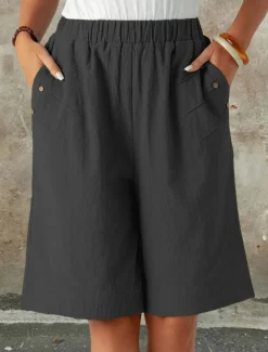 Women's Chinos Shorts Fashion Streetwear Basic Knee Length High Waist Plain Pocket Elastic Waistband Comfy Soft Comfortable Micro-elastic Outdoor Street Dark-Gray Navy Black White Summer Spring Loose