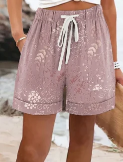 Women's Chinos Shorts Vacation Vintage Ethnic Style Short Mid Waist Floral Graphic Drawstring Elastic Waist Formal Vacation Street Pink Khaki Beige Summer Spring Regular Fit