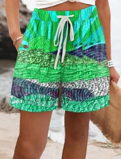 Women's Chinos Shorts Vacation Vintage Ethnic Style Short High Waist Graphic Abstract Elastic Waist Formal Vacation Street Robin's Egg Blue Orange Green Summer Spring Regular Fit