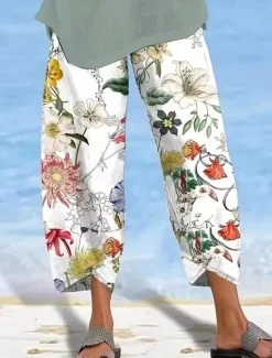 Women's Chinos Vacation Vintage Calf-Length High Waist Floral Pocket Elastic Waistband Comfy Soft Comfortable Micro-elastic Outdoor Vacation White Summer Loose Fit