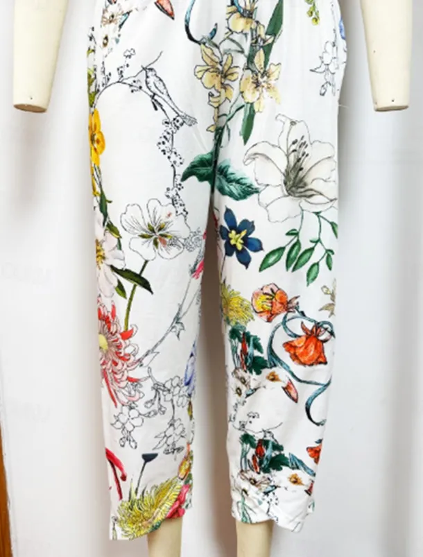 Women's Chinos Vacation Vintage Calf-Length High Waist Floral Pocket Elastic Waistband Comfy Soft Comfortable Micro-elastic Outdoor Vacation White Summer Loose Fit