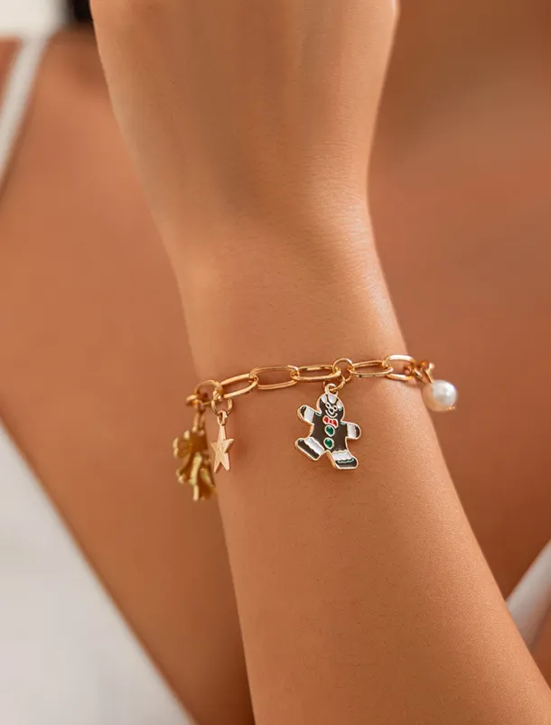 Women's Christmas Gingerbread and Snowflake Charm Necklace and Earrings and Bracelet with Gold Chain - Cute Holiday Jewelry for Christmas Celebrations