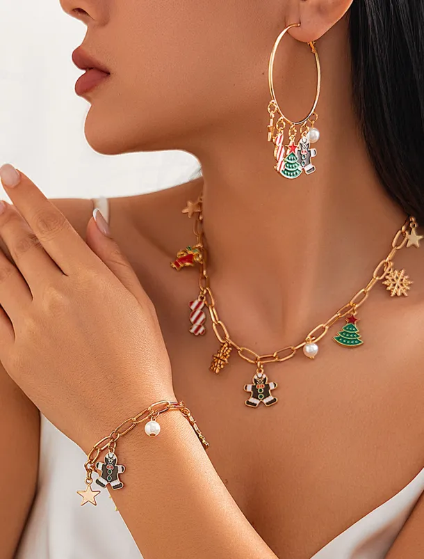 Women's Christmas Gingerbread and Snowflake Charm Necklace and Earrings and Bracelet with Gold Chain - Cute Holiday Jewelry for Christmas Celebrations