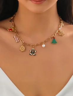 Women's Christmas Gingerbread and Snowflake Charm Necklace and Earrings and Bracelet with Gold Chain - Cute Holiday Jewelry for Christmas Celebrations