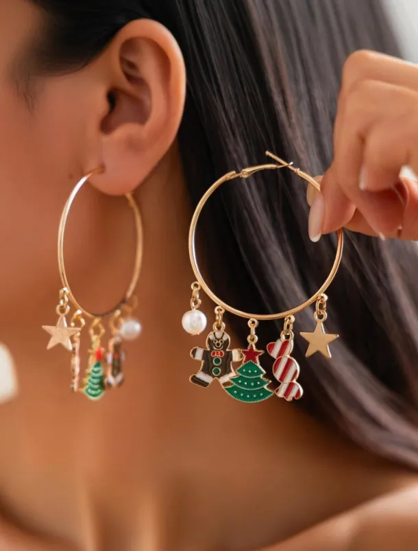 Women's Christmas Gingerbread and Snowflake Charm Necklace and Earrings and Bracelet with Gold Chain - Cute Holiday Jewelry for Christmas Celebrations