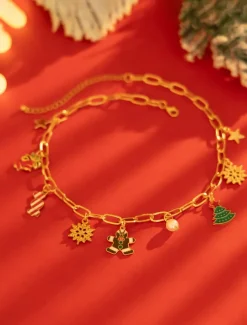 Women's Christmas Gingerbread and Snowflake Charm Necklace and Earrings and Bracelet with Gold Chain - Cute Holiday Jewelry for Christmas Celebrations