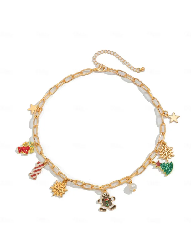 Women's Christmas Gingerbread and Snowflake Charm Necklace and Earrings and Bracelet with Gold Chain - Cute Holiday Jewelry for Christmas Celebrations
