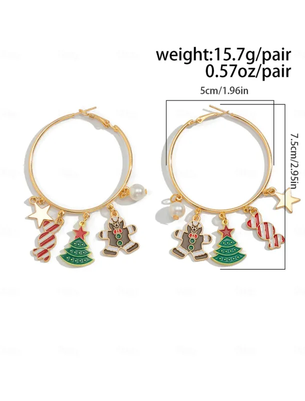Women's Christmas Gingerbread and Snowflake Charm Necklace and Earrings and Bracelet with Gold Chain - Cute Holiday Jewelry for Christmas Celebrations