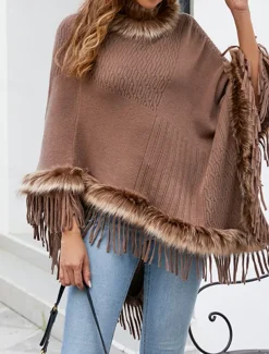 Women's Cloak / Capes Outdoor Street Daily Wear Fall Winter Regular Coat Regular Fit Thermal Warm Breathable Stylish Casual Jacket Long Sleeve Plain Tassel Fringe Faux Fur Trim Red Apricot Coffee