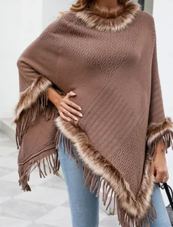 Women's Cloak / Capes Outdoor Street Daily Wear Fall Winter Regular Coat Regular Fit Thermal Warm Breathable Stylish Casual Jacket Long Sleeve Plain Tassel Fringe Faux Fur Trim Red Apricot Coffee