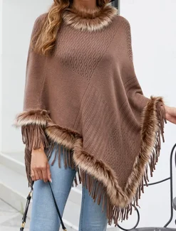 Women's Cloak / Capes Outdoor Street Daily Wear Fall Winter Regular Coat Regular Fit Thermal Warm Breathable Stylish Casual Jacket Long Sleeve Plain Tassel Fringe Faux Fur Trim Red Apricot Coffee