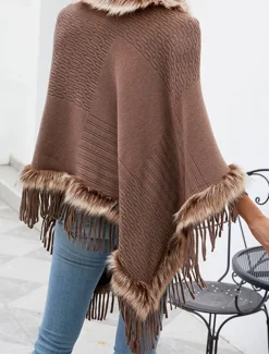 Women's Cloak / Capes Outdoor Street Daily Wear Fall Winter Regular Coat Regular Fit Thermal Warm Breathable Stylish Casual Jacket Long Sleeve Plain Tassel Fringe Faux Fur Trim Red Apricot Coffee