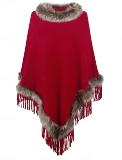 Women's Cloak / Capes Outdoor Street Daily Wear Fall Winter Regular Coat Regular Fit Thermal Warm Breathable Stylish Casual Jacket Long Sleeve Plain Tassel Fringe Faux Fur Trim Red Apricot Coffee