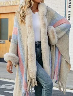 Women's Cloak / Capes Outdoor Street Daily Wear Fall Winter Regular Coat Regular Fit Thermal Warm Breathable Stylish Casual Jacket Long Sleeve Stripe Faux Fur Trim Khaki Apricot Gray
