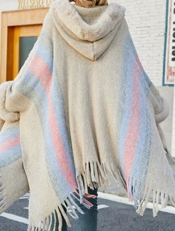 Women's Cloak / Capes Outdoor Street Daily Wear Fall Winter Regular Coat Regular Fit Thermal Warm Breathable Stylish Casual Jacket Long Sleeve Stripe Faux Fur Trim Khaki Apricot Gray